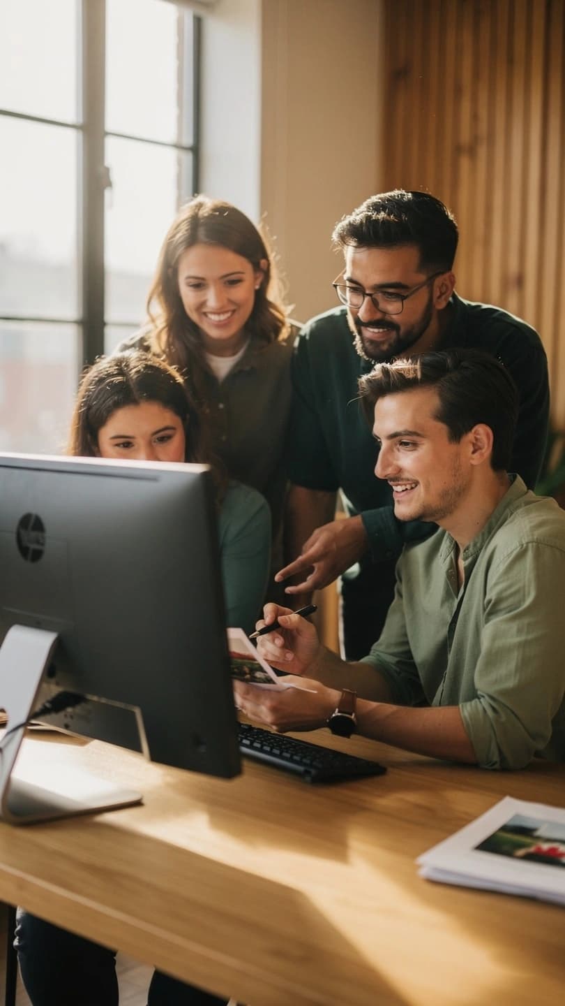 A creative agency team reviewing work together