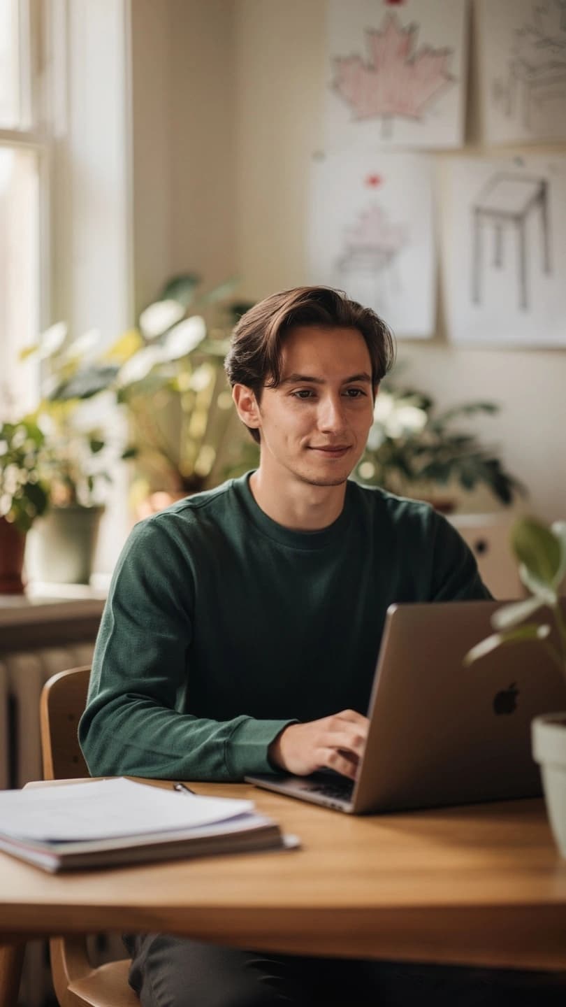 A freelance designer working on a laptop in a sunlit studio