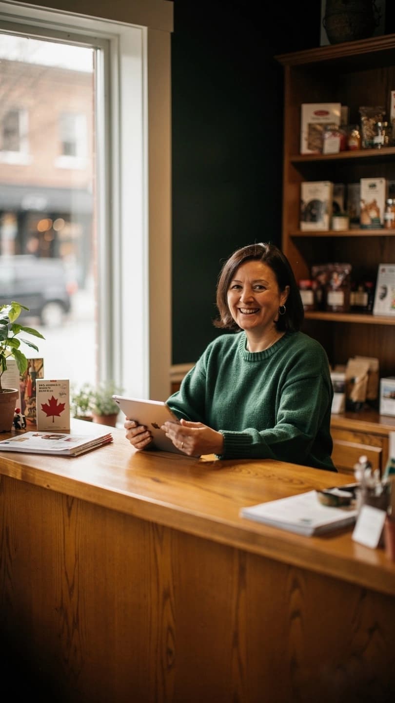 A small-business owner with a tablet behind a counter